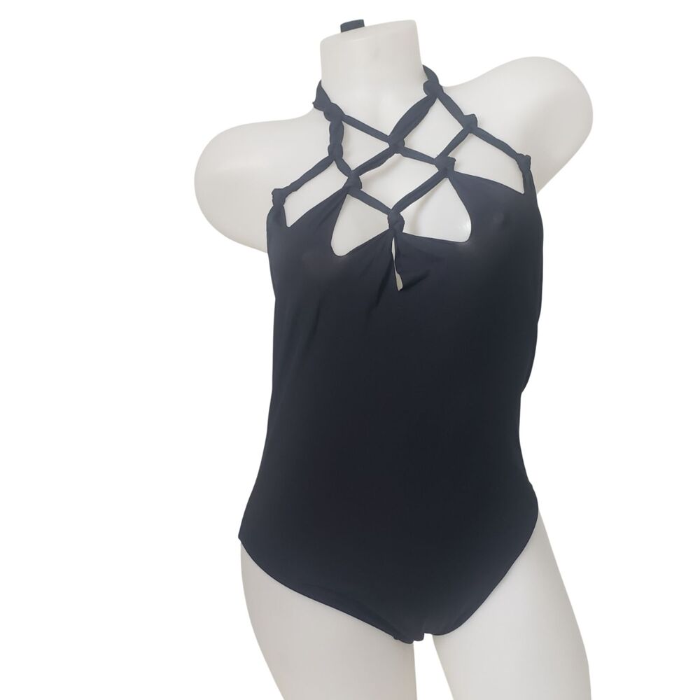 Vintage Y2K SAUVAGE Black One Piece Swimsuit Cage Front Detail Womens Size Large